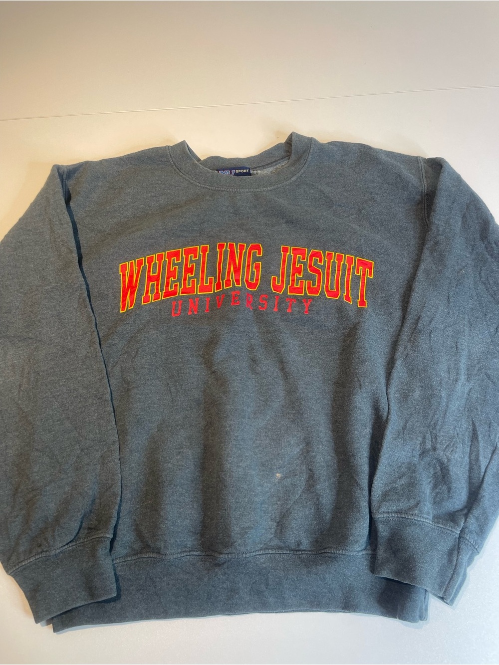 MV Sport Women's Gray Crewneck Sweatshirt with Red & Yellow Lettering